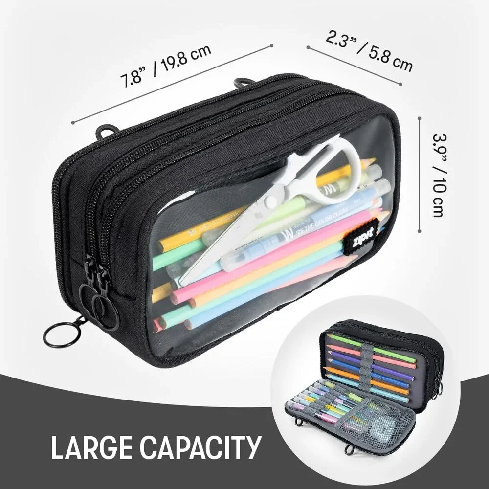 NWT ZIPIT Half & Half Pencil Case, 3-Compartment Zipper Pouch Black